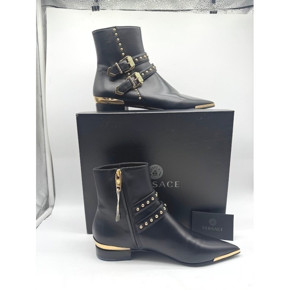 Versace Womens Leather Ankle Boots Black Gold IT 38 US 8 DSR989E New in Box